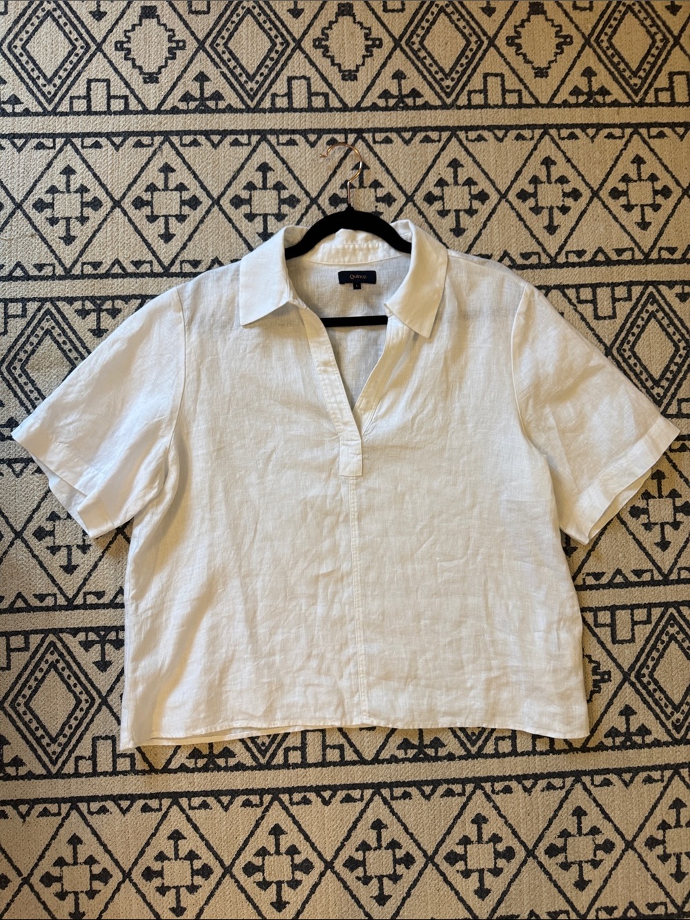 Quince White Linen V-Neck Collared Short Sleeve Top